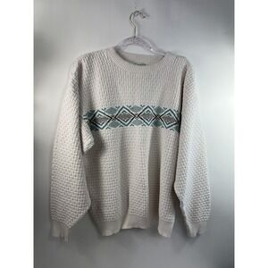 Vintage Cape Isle‎ Knitters Sweater Men's Sz XL Cream Teal/Black Band